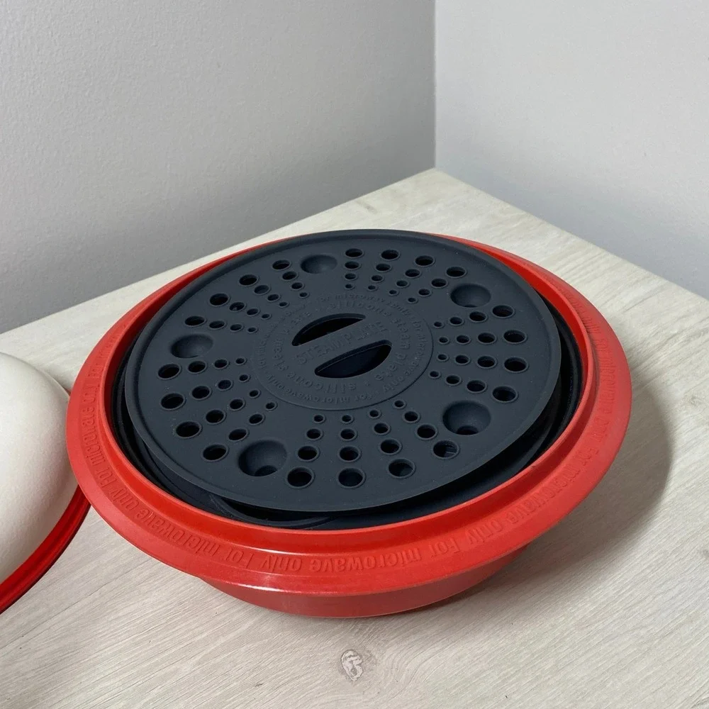 Microwave Cooker Set Grill Pan Steam Plate Egg Poacher Red White Made in Korea